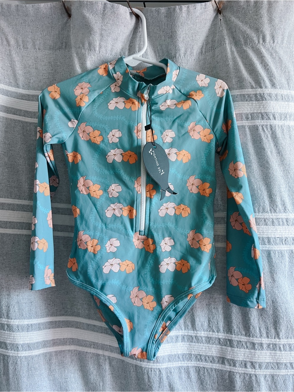 Fighting Eel Teal Floral Long-Sleeve Kids One-Piece Swim